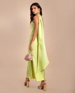 VESTIDO MRS. ABRIL · VERDE LIMA -[品牌] Ventas THE-ARE vestido midi lima asimetrico lazada cuello elegante mujer the are eci img 3