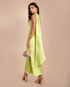 VESTIDO MRS. ABRIL · VERDE LIMA -[品牌] Ventas THE-ARE vestido midi lima asimetrico lazada cuello elegante mujer the are eci img 3 scaled