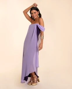VESTIDO ALMERÍA · MORADO Y LILA -[品牌] Ventas THE-ARE vestido midi morado lila escote bardot asimetrico gasa eventos mujer the are eci img 2