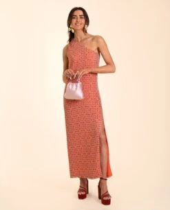 VESTIDO HUELVA · NARANJA -[品牌] Ventas THE-ARE vestido midi naranja asimetrico lurex abertura lateral eventos mujer the are 1