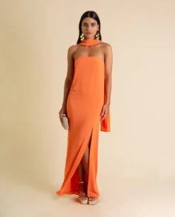 VESTIDO MRS. ARTEAGA · NARANJA -[品牌] Ventas THE-ARE vestido midi naranja foulard palabra honor mujer the are