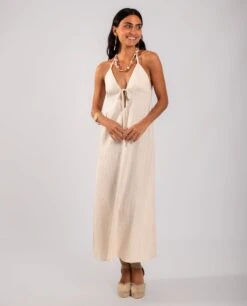 VESTIDO GOLDEN BRUNCH · BEIGE -[品牌] Ventas THE-ARE vestido midi punto beige escote halter mujer the are eci img 1