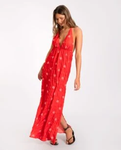 VESTIDO CADAQUÉS · ROJO -[品牌] Ventas THE-ARE vestido midi rojo halter espalda abierta estampado soles blanco mujer the are