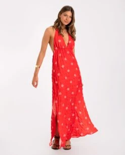 VESTIDO CADAQUÉS · ROJO -[品牌] Ventas THE-ARE vestido midi rojo halter espalda abierta estampado soles blanco mujer the are eci img 1