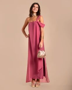 VESTIDO ALMERÍA · BLUSH -[品牌] Ventas THE-ARE vestido midi rosa escote bardot gasa asimetrico eventos mujer the are eci img 1