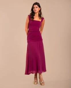 VESTIDO CANDELA · CEREZA -[品牌] Ventas THE-ARE vestido midi rosa fruncido gasa eci img 1