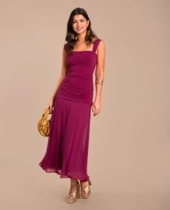 VESTIDO CANDELA · CEREZA -[品牌] Ventas THE-ARE vestido midi rosa fruncido gasa eci img 2