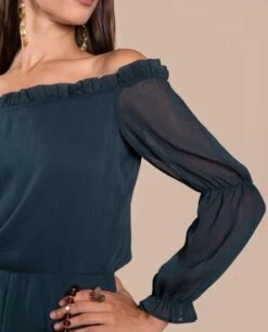 VESTIDO CAMILLE · VERDE -[品牌] Ventas THE-ARE vestido midi verde oscuro escote bardot manga larga eventos mujer the are eci img 4