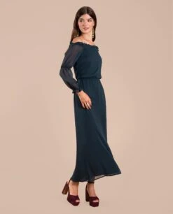 VESTIDO CAMILLE · VERDE -[品牌] Ventas THE-ARE vestido midi verde oscuro escote bardot manga larga eventos mujer the are img 1