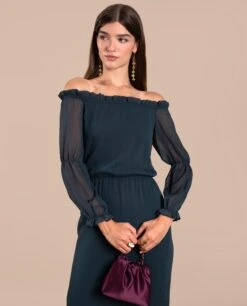 VESTIDO CAMILLE · VERDE -[品牌] Ventas THE-ARE vestido midi verde oscuro escote bardot manga larga eventos mujer the are img 2