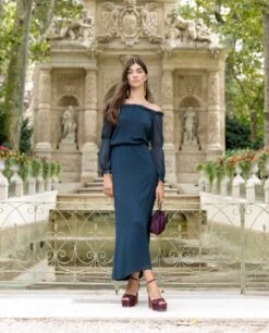 VESTIDO CAMILLE · VERDE -[品牌] Ventas THE-ARE vestido midi verde oscuro escote bardot manga larga eventos mujer the are img 3