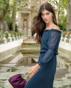 VESTIDO CAMILLE · VERDE -[品牌] Ventas THE-ARE vestido midi verde oscuro escote bardot manga larga eventos mujer the are img 4