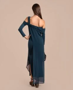 VESTIDO AMÉLIE · AZUL -[品牌] Ventas THE-ARE vestido midi verde oscuro escote bardot nudo manga larga eventos mujer the are eci img 3