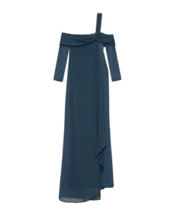 VESTIDO AMÉLIE · AZUL -[品牌] Ventas THE-ARE vestido midi verde oscuro escote bardot nudo manga larga eventos mujer the are eci img 5