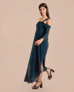 VESTIDO AMÉLIE · AZUL -[品牌] Ventas THE-ARE vestido midi verde oscuro escote bardot nudo manga larga eventos mujer the are img 1