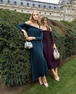 VESTIDO AMÉLIE · AZUL -[品牌] Ventas THE-ARE vestido midi verde oscuro escote bardot nudo manga larga eventos mujer the are img 5