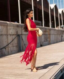 VESTIDO SALT AIR · ROJO -[品牌] Ventas THE-ARE vestido punto rojo flecos largos mujer the are 3