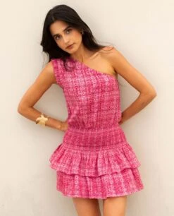 VESTIDO LIVIN FULLY · ESTAMPADO -[品牌] Ventas THE-ARE vestido rosa estampado escote asimetrico mujer the are 4