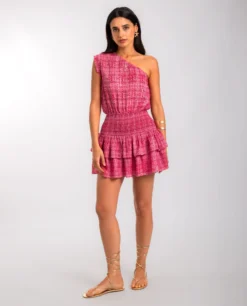 VESTIDO LIVIN FULLY · ESTAMPADO -[品牌] Ventas THE-ARE vestido rosa estampado escote asimetrico mujer the are eci img 1 scaled