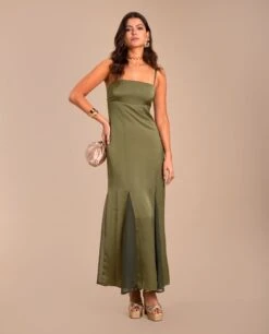 VESTIDO JULIA · VERDE -[品牌] Ventas THE-ARE vestido verde bajo vuelo gasa tirantes escote palabra honor eci img 1
